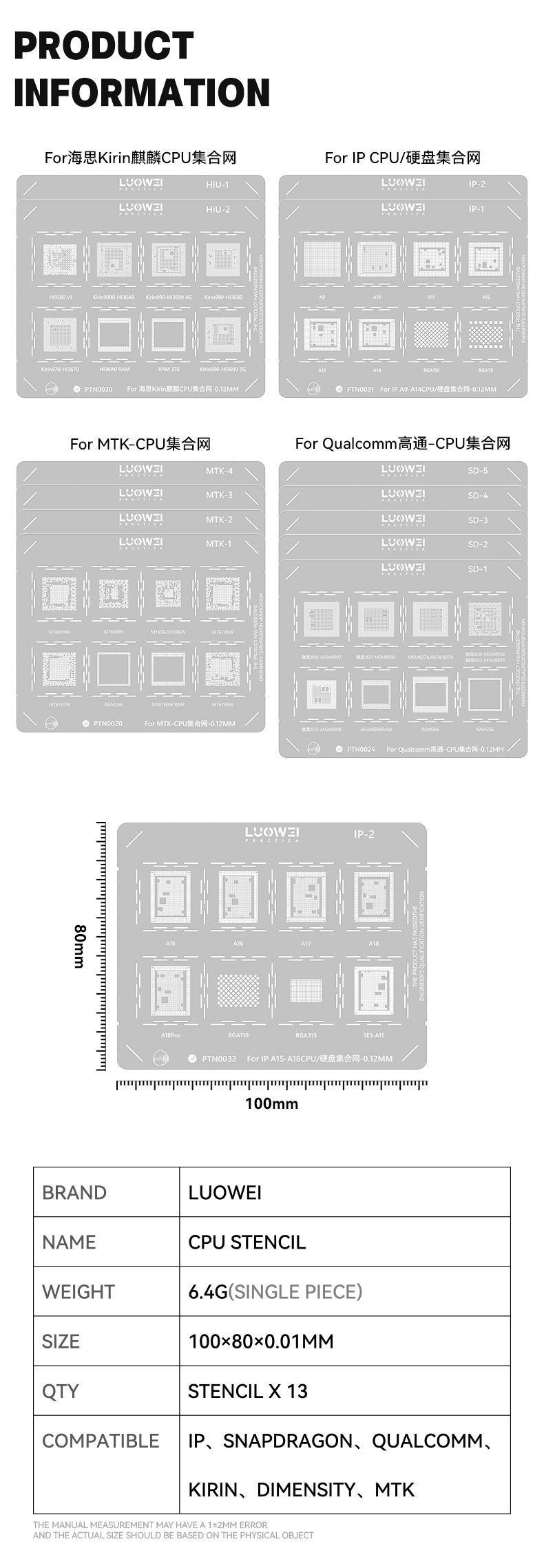 LUOWEI JUEGO STENCIL PARA MEMORIAS ANDROID - IPHONE (13pzas) CPU A9-A18 Pro, MTK, KIRIN, CPU QUALCOMM, BGA, Snapdragon