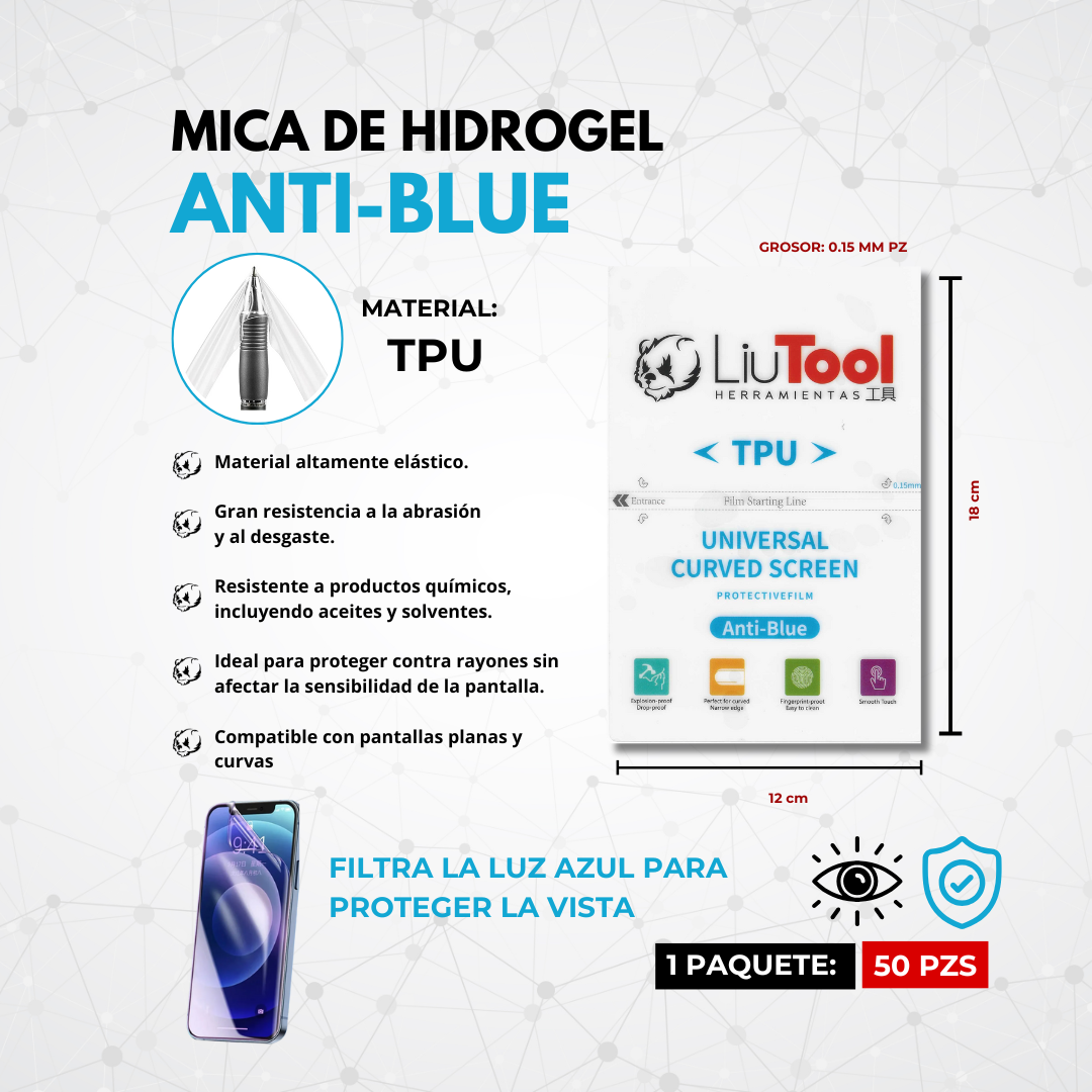 LIUTOOL MICA DE HIDROGEL BLUE RAY TPU .15mm (50pzas)