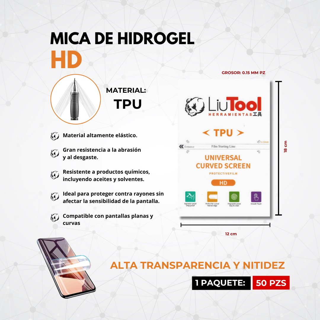 LIUTOOL MICA DE HIDROGEL HD TPU .15mm (50pzas)