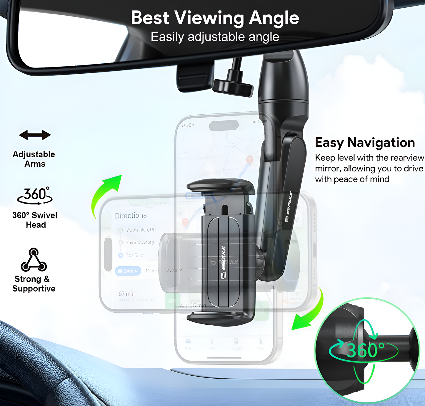 ESOULK SOPORTE DE CELULAR PARA ESPEJO RETROVISOR DE COCHE NEGRO