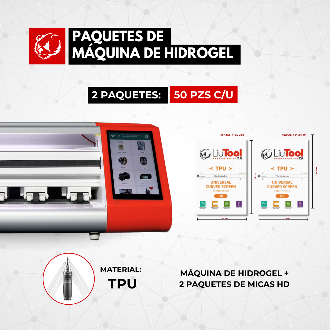 COMBO LIUTOOL MAQ CORTADORA HIDROGEL + 2 PAQ. 50 PIEZAS MICA HD