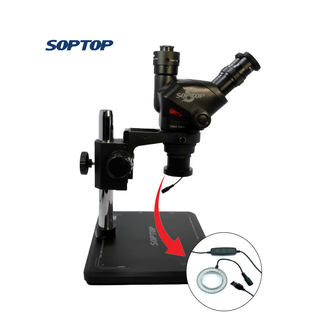 SOPTOP MICROSCOPIO TRINOCULAR 7060 ULTRA (INCLUYE ANILLO DE LUZ + BARLOW 0.5X)