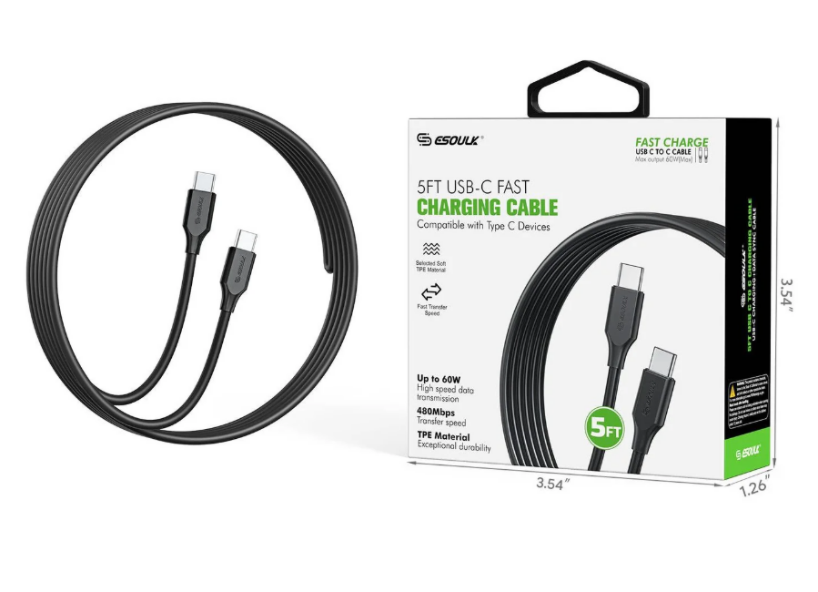 ESOULK CABLE DE CARGA Y DATOS TIPO C A TIPO C DE 60 WATTS DE 1.5 METROS NEGRO