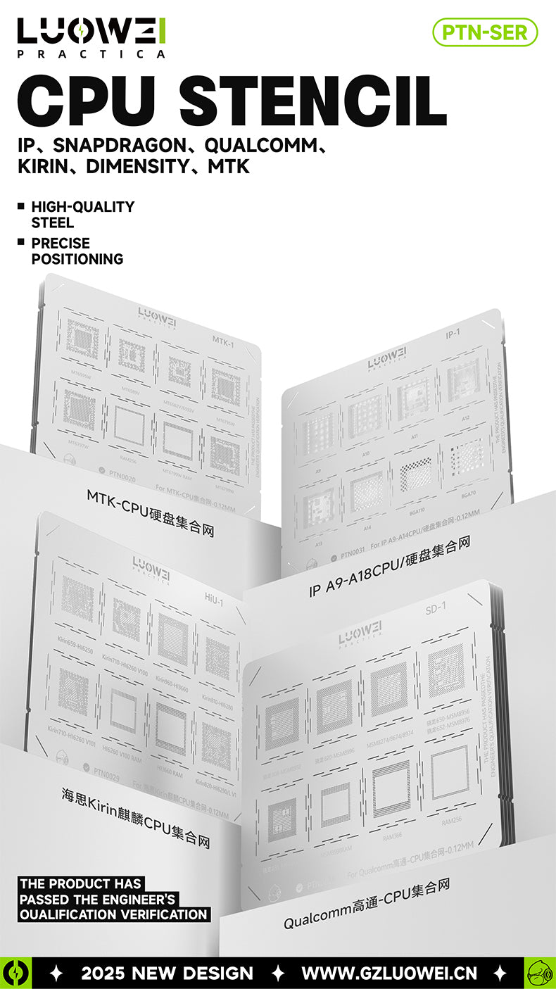 LUOWEI JUEGO STENCIL PARA MEMORIAS ANDROID - IPHONE (13pzas) CPU A9-A18 Pro, MTK, KIRIN, CPU QUALCOMM, BGA, Snapdragon