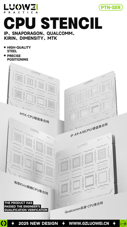 LUOWEI JUEGO STENCIL PARA MEMORIAS ANDROID - IPHONE (13pzas) CPU A9-A18 Pro, MTK, KIRIN, CPU QUALCOMM, BGA, Snapdragon