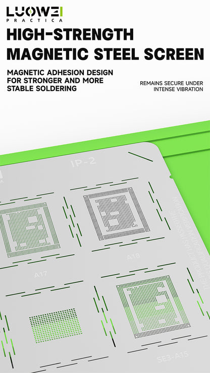 LUOWEI JUEGO STENCIL PARA MEMORIAS ANDROID - IPHONE (13pzas) CPU A9-A18 Pro, MTK, KIRIN, CPU QUALCOMM, BGA, Snapdragon