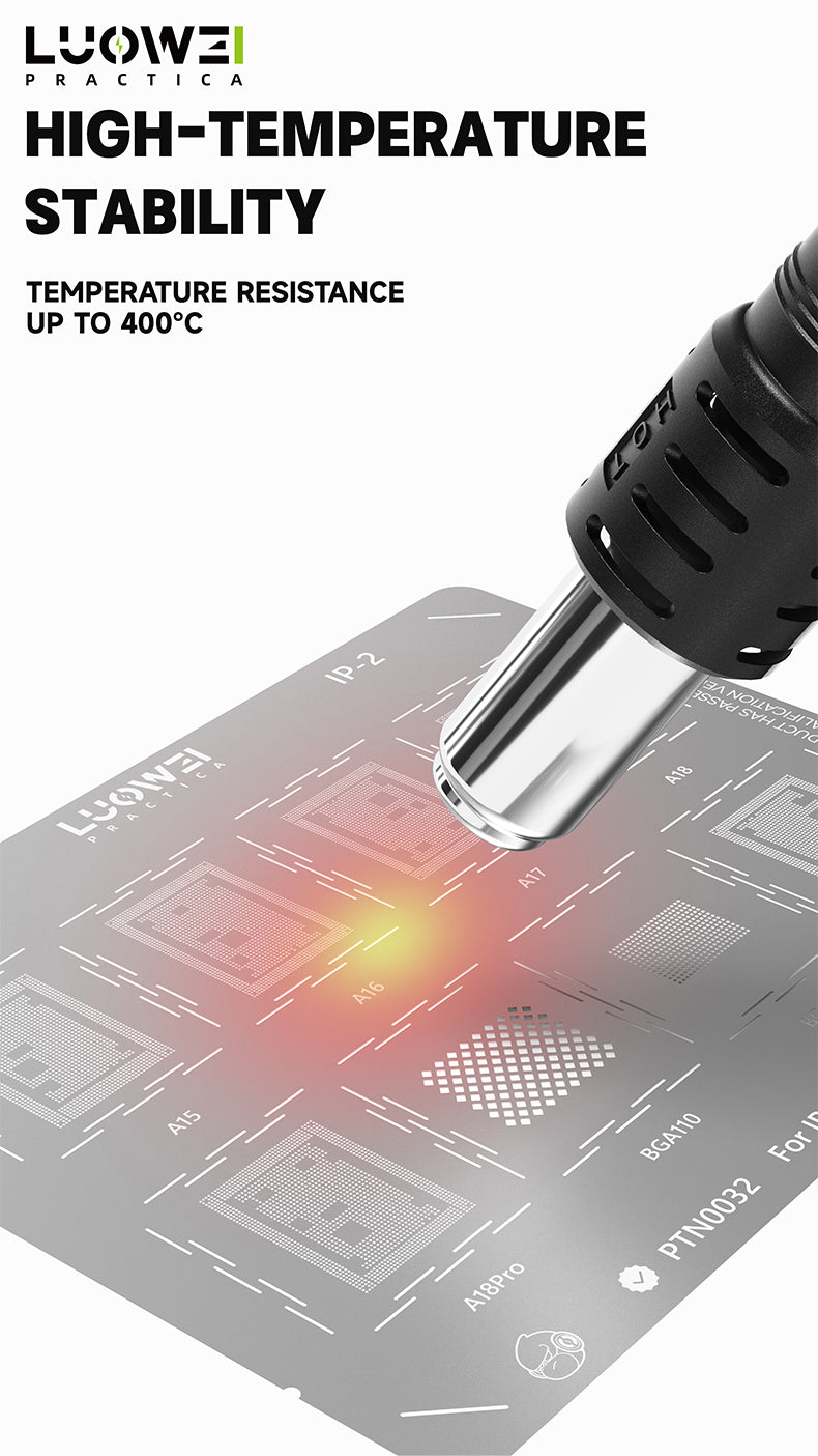 LUOWEI JUEGO STENCIL PARA MEMORIAS ANDROID - IPHONE (13pzas) CPU A9-A18 Pro, MTK, KIRIN, CPU QUALCOMM, BGA, Snapdragon