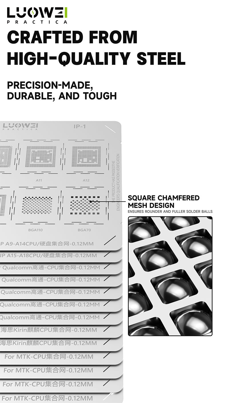 LUOWEI JUEGO STENCIL PARA MEMORIAS ANDROID - IPHONE (13pzas) CPU A9-A18 Pro, MTK, KIRIN, CPU QUALCOMM, BGA, Snapdragon