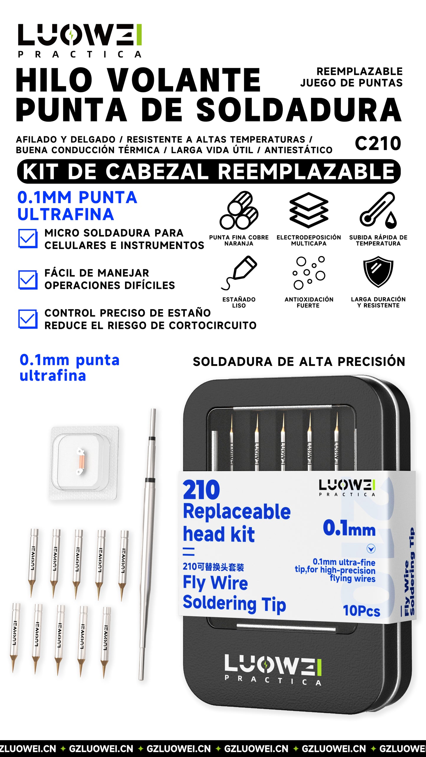 LUOWEI KIT DE PUNTAS REEMPLAZABLES C210 CURVA 0.1MM (10PZAS)