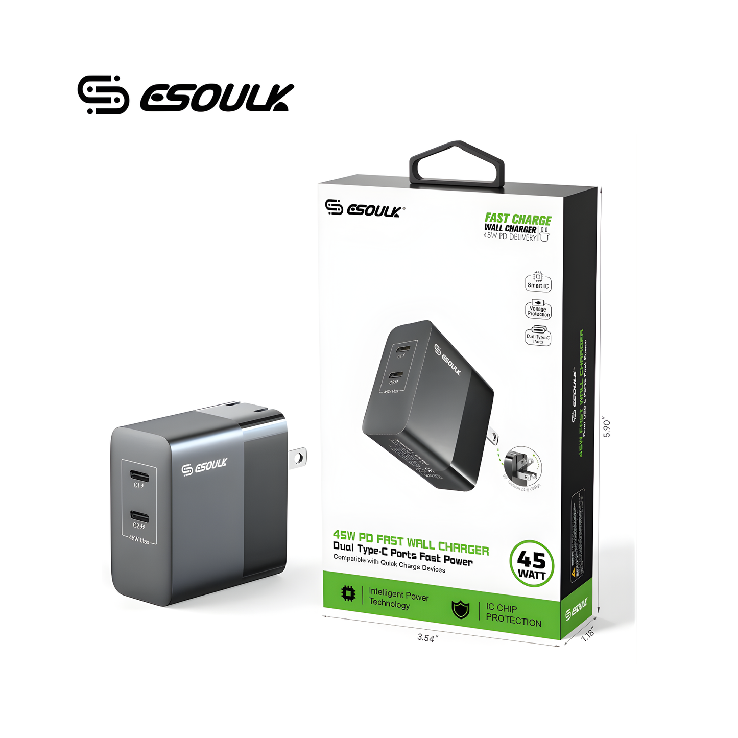 ESOULK CARGADOR DE PARED 45W CON 2 SALIDAS TIPO C SIN CABLE
