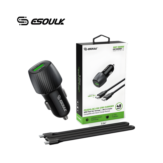 ESOULK CARGADOR DE CARRO 48W CON CABLE .9m NEGRO