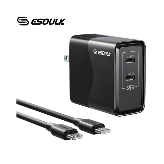ESOULK CARGADOR DE PARED  65W, CON 2 CABLES 1.8m Y 1.2m NEGRO