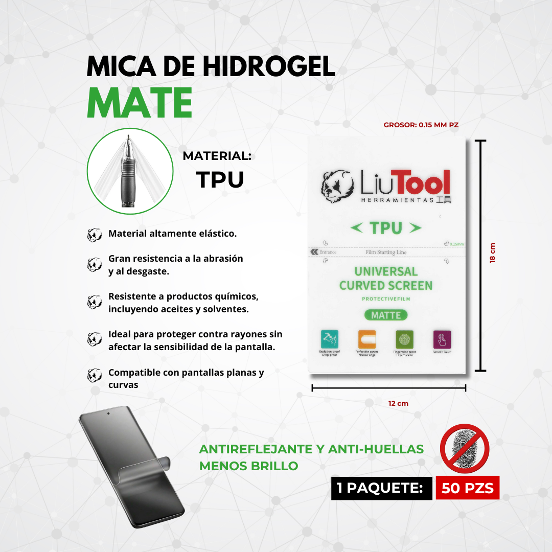 LIUTOOL MICA DE HIDROGEL MATE TPU .15mm (50pzas)