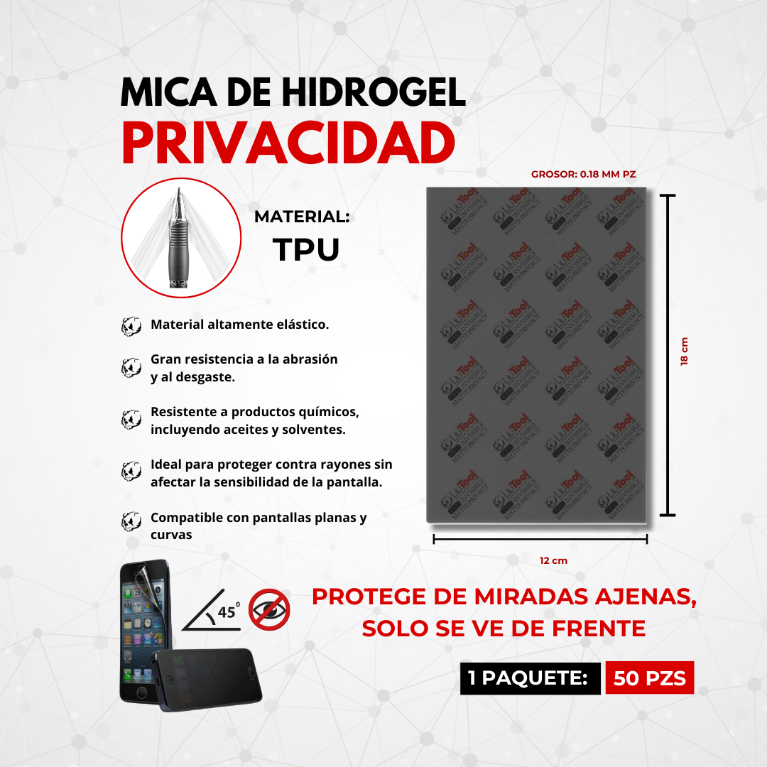 LIUTOOL MICA DE HIDROGEL DE PRIVACIDAD MATE TPU .18mm (50pzas)