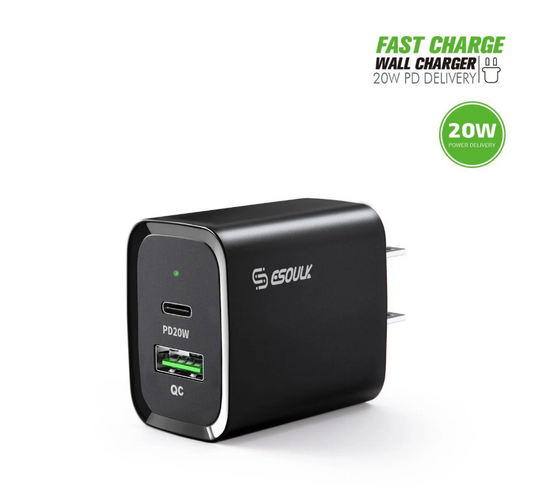 ESOULK CARGADOR CARGA RAPIDA 20W CON CABLE DE TIPO C A TIPO C NEGRO