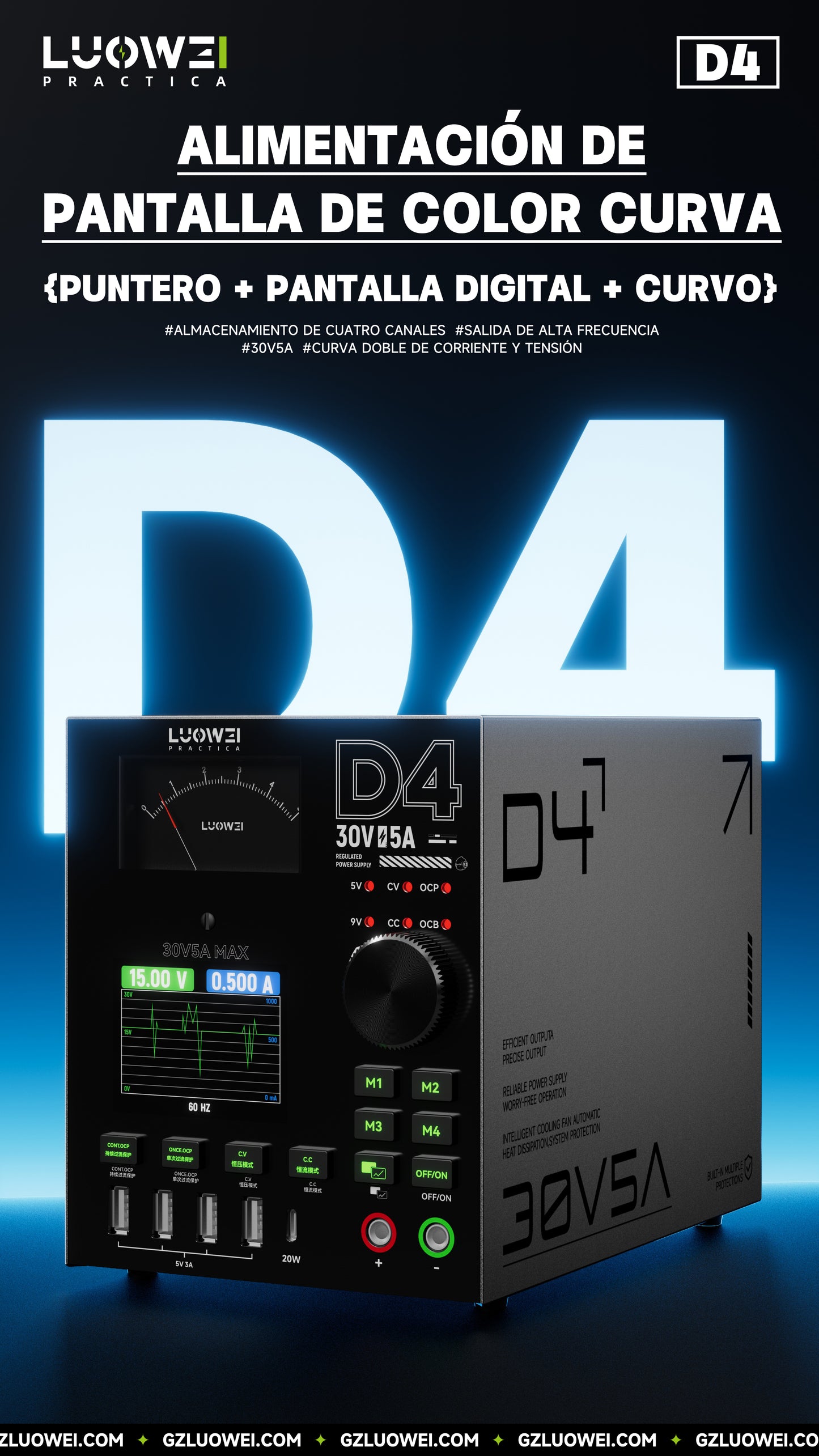 LUOWEI FUENTE DE ALIMENTACION AMPERIMETRO Y MULTIPUERTO D4, 150W 30V5A