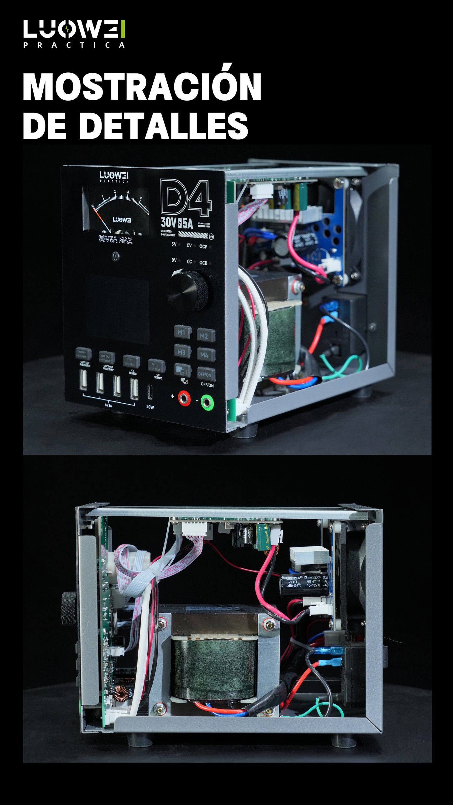 LUOWEI FUENTE DE ALIMENTACION AMPERIMETRO Y MULTIPUERTO D4, 150W 30V5A