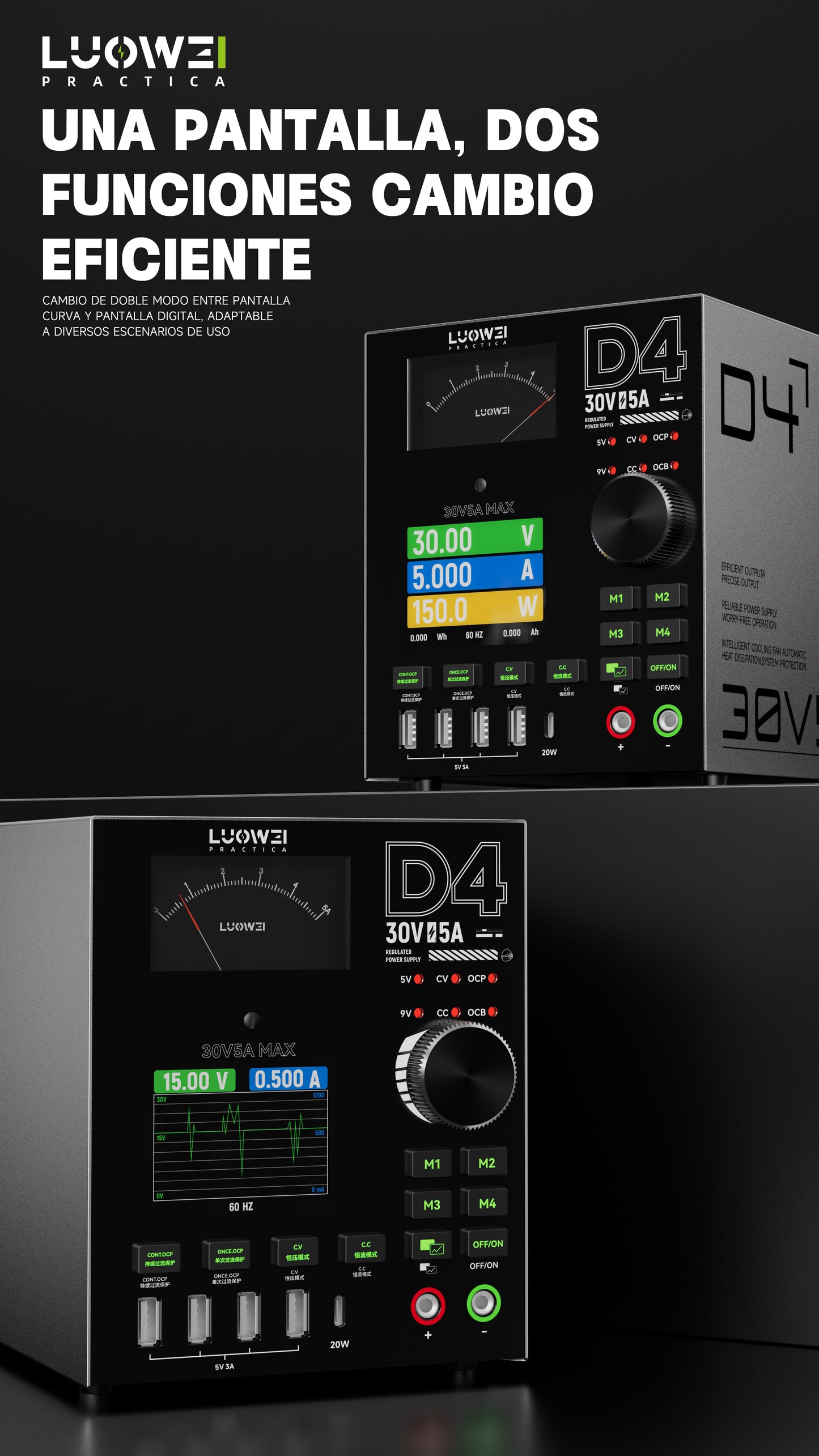 LUOWEI FUENTE DE ALIMENTACION AMPERIMETRO Y MULTIPUERTO D4, 150W 30V5A