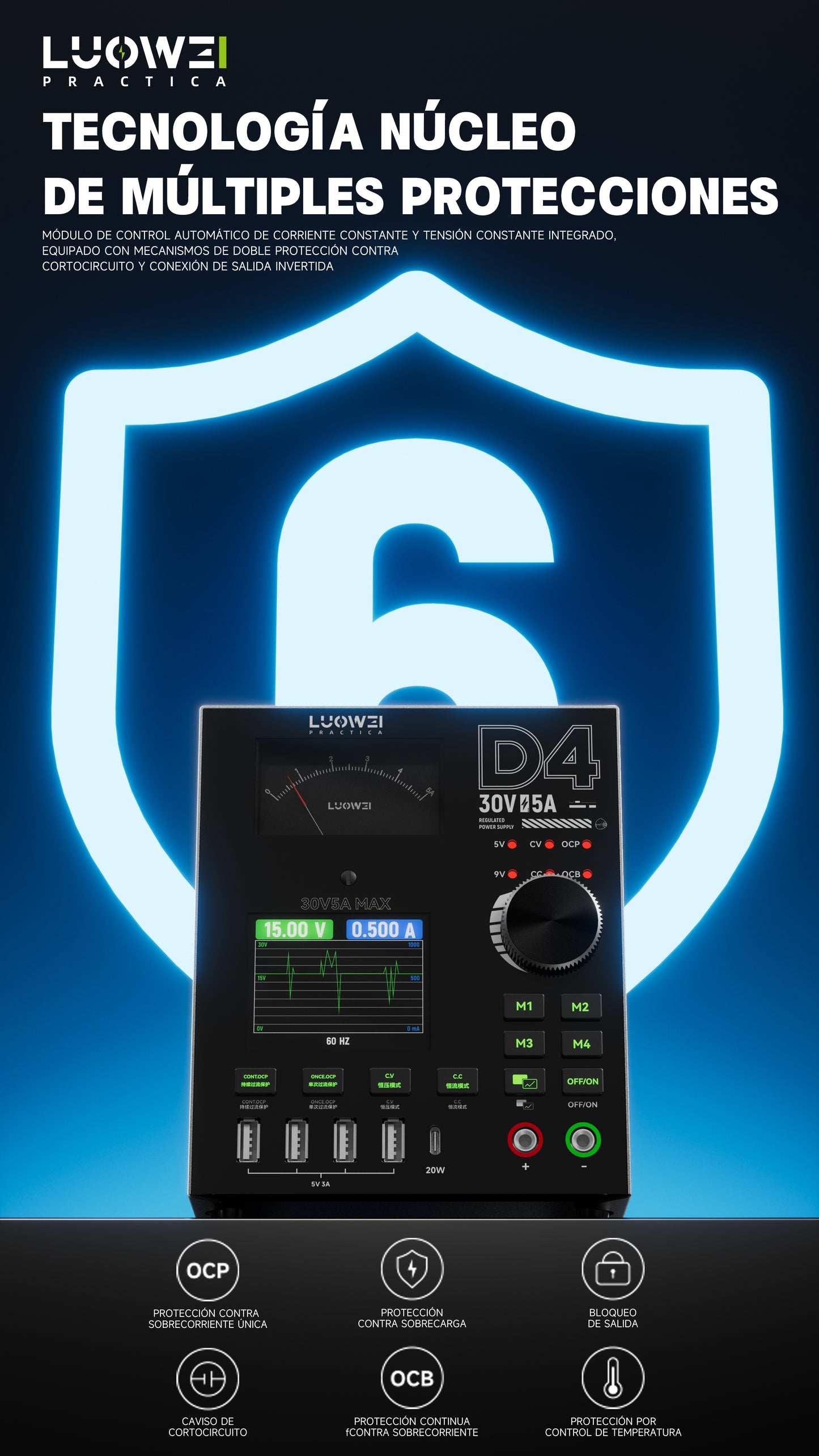 LUOWEI FUENTE DE ALIMENTACION AMPERIMETRO Y MULTIPUERTO D4, 150W 30V5A