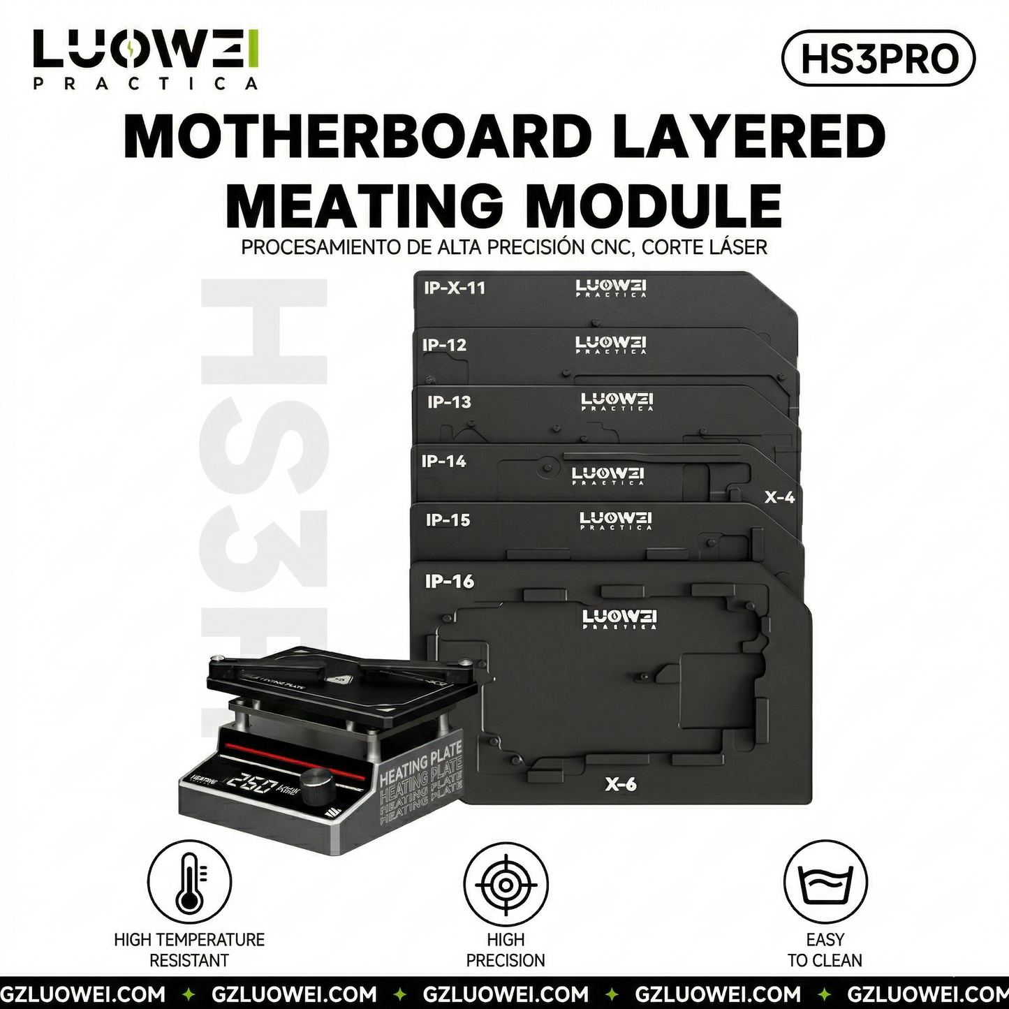 LUOWEI KIT PRECALENTADORA LW-HS3 PRO CON PLATAFORMAS PARA SEPARACION DE PLACAS IPHONE SERIES X - 16