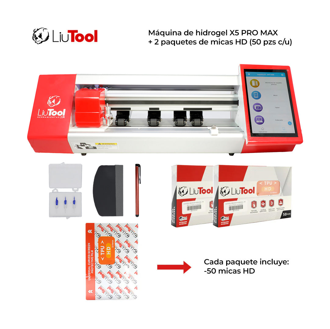 COMBO LIUTOOL MAQ CORTADORA HIDROGEL + 2 PAQ. 50 PIEZAS MICA HD