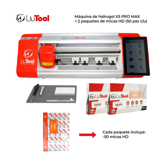 COMBO  LIUTOOL MAQ CORTADORA HIDROGEL + 2 PAQ. 50 PIEZAS MICA HD