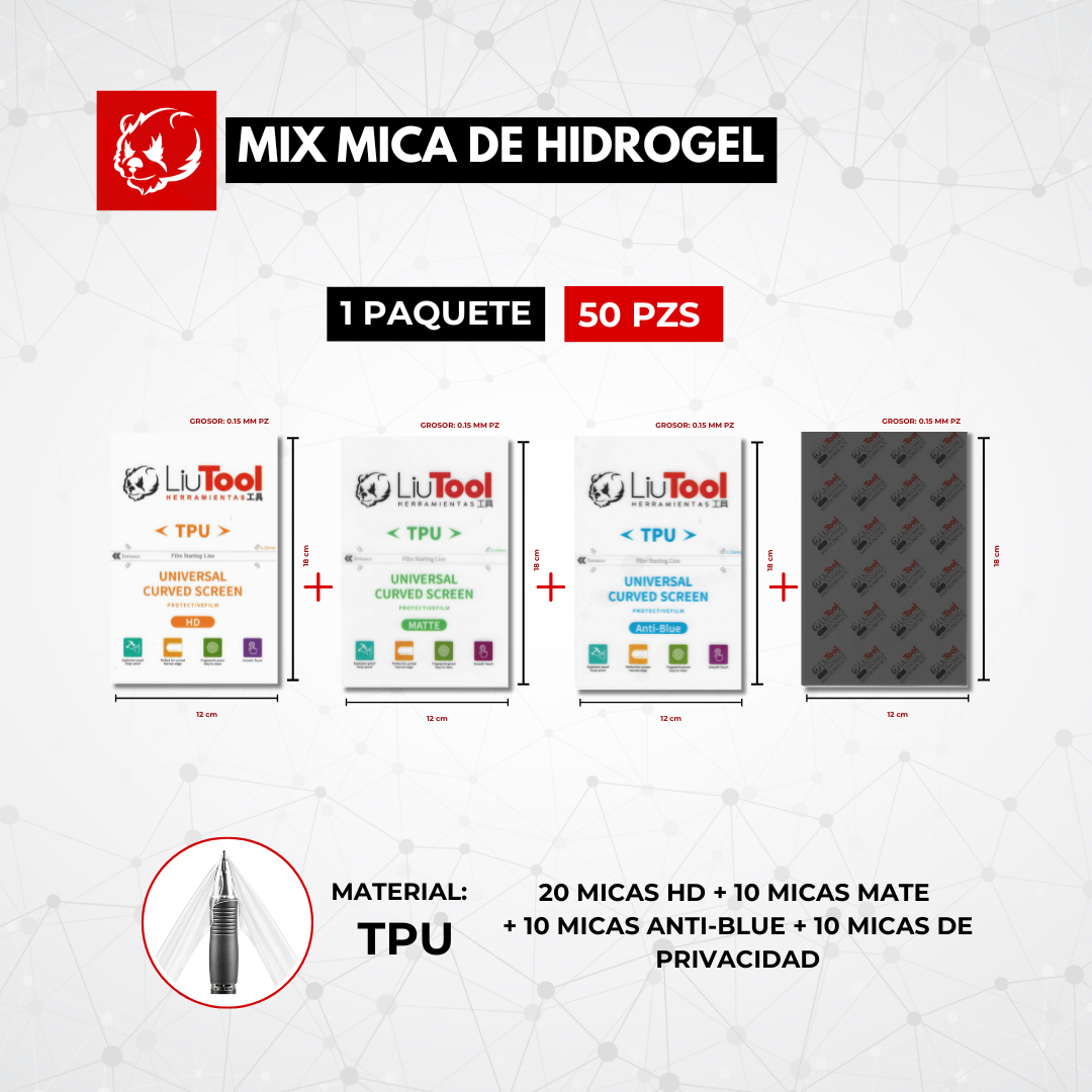 LIUTOOL COMBO MIX TPU HIDROGEL 20 HD, 10 MATE, 10 ANTI-BLUE, 10 PRIVACIDAD MATE