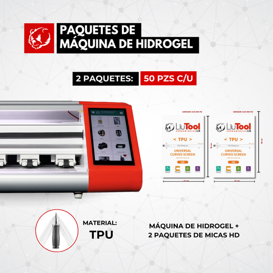 COMBO LIUTOOL MAQ CORTADORA HIDROGEL + 2 PAQ. 50 PIEZAS MICA HD