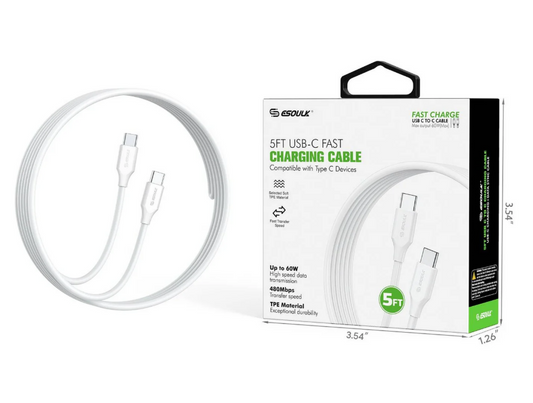 ESOULK CABLE DE CARGA Y DATOS TIPO C A TIPO C DE 60 WATTS DE 1.5 METROS Blanco