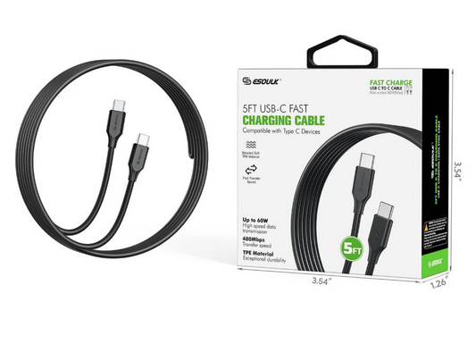 ESOULK CABLE DE CARGA Y DATOS TIPO C A TIPO C DE 60 WATTS DE 1.5 METROS NEGRO